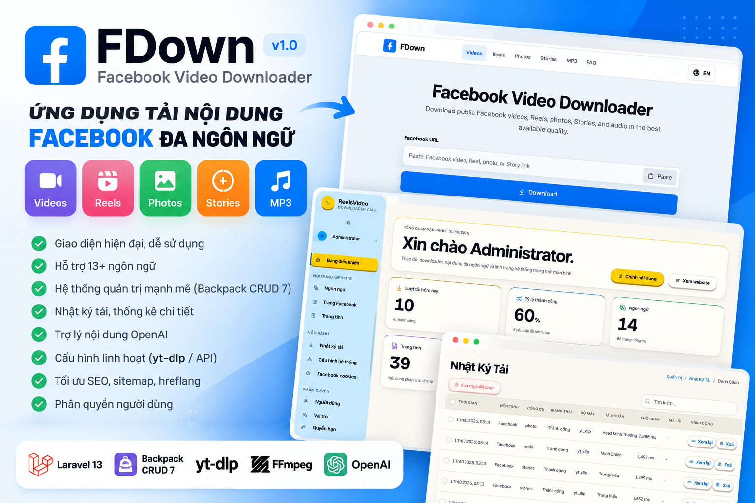 FDown – Facebook Video Downloader & Multi-Language CMS Laravel